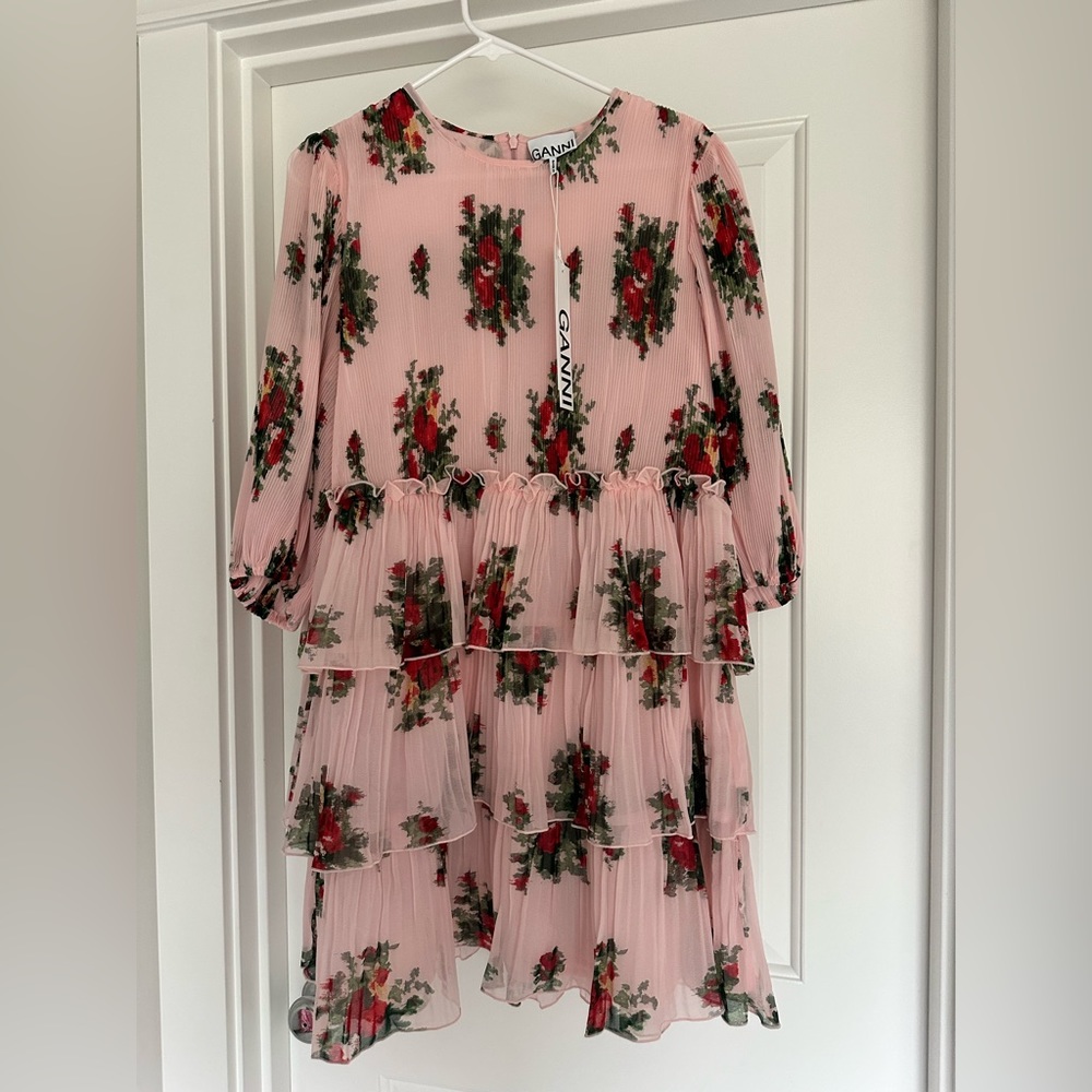 Ganni pleated georgette mini dress.